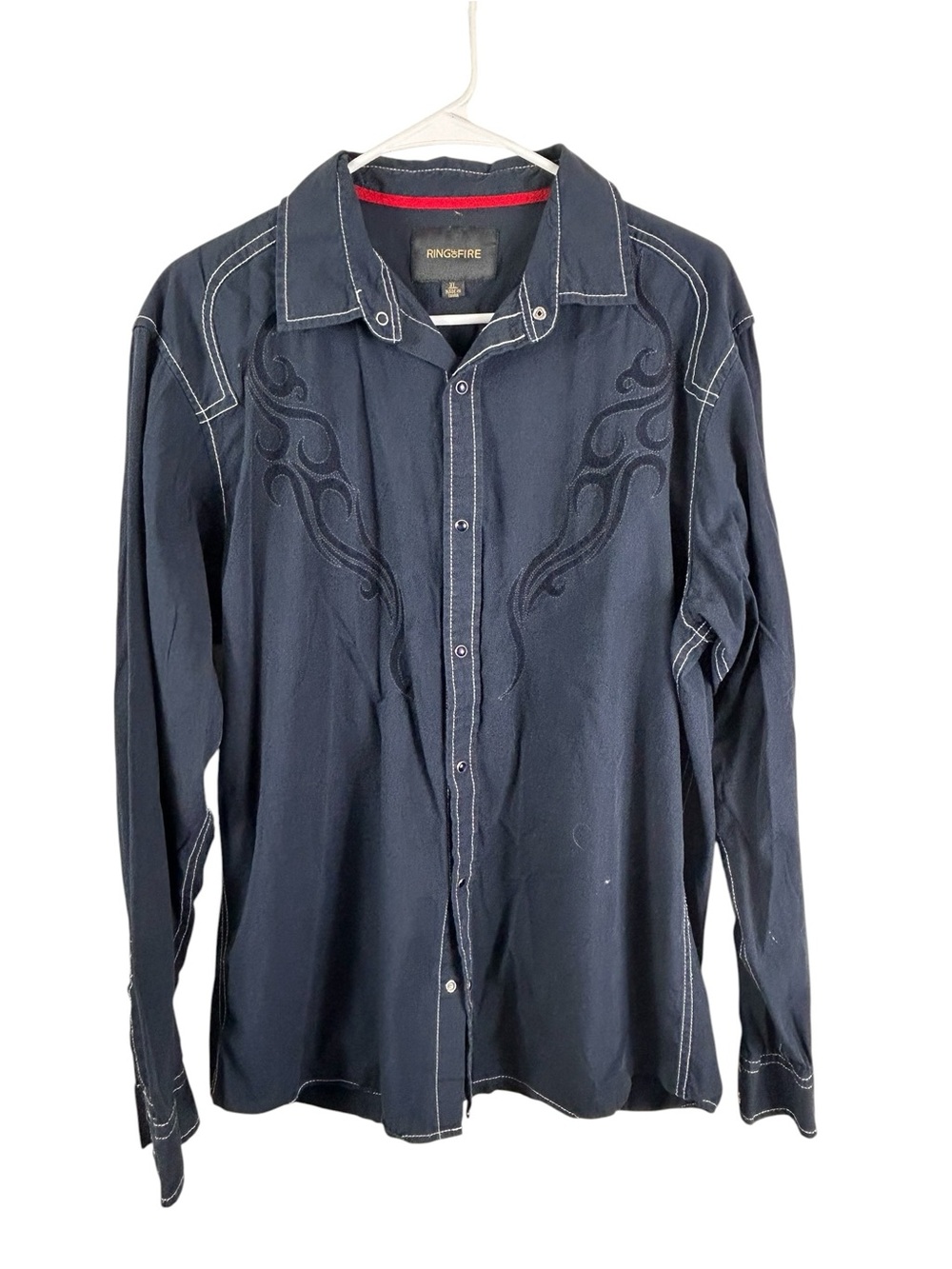 Ring of Fire Men's Dark Navy Button-Down Shirt with Embroidered Flame Detail